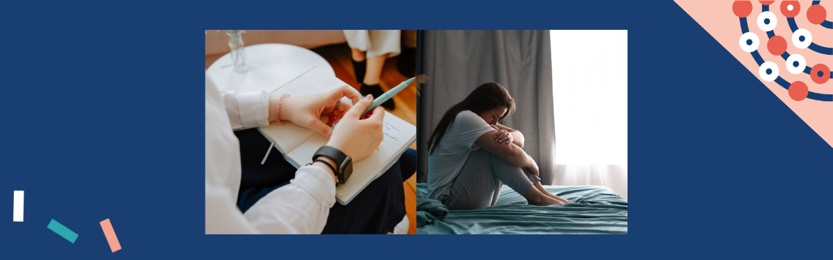 Two images centred on a NIHR navy blue background with decorative graphics in the bottom left and top right corners. 
The image on the left is a hand writing notes with a pen. On the right is a woman sitting on the bed with her head down.