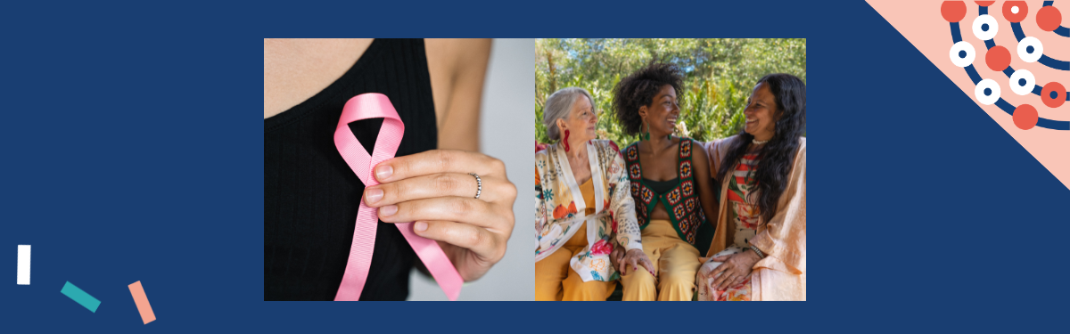 NIHR navy blue background. Two images in the centre, on the left is a hand holding a small print ribbon. On the right is three women chatting and smiling to each other. Decorative images in top right and bottom left corners.