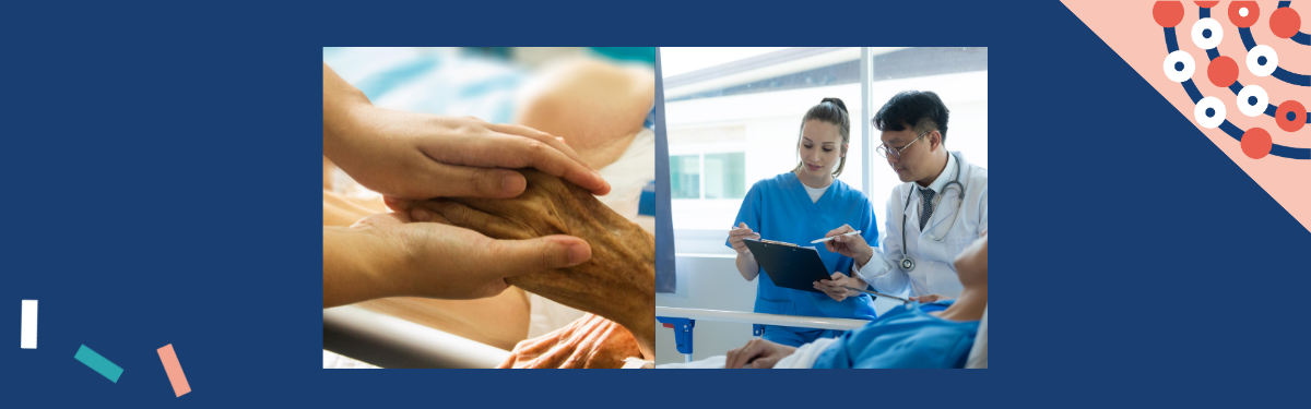 An image of two hands comforting one another, and another image in a hospital setting of two clinicians discussing their notes.