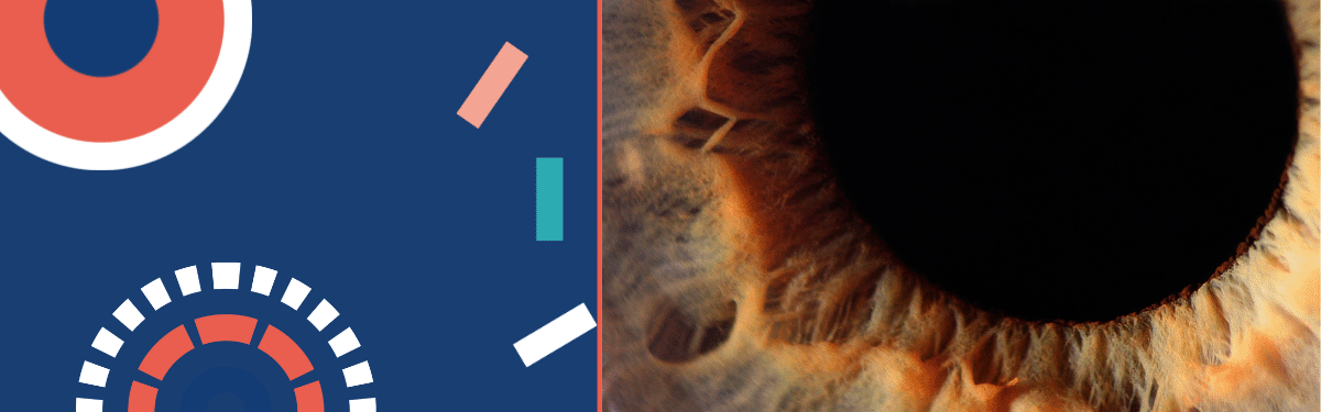 on a navy background are NIHR design motifs, to the right there is a close up of a pupil from a brown eye