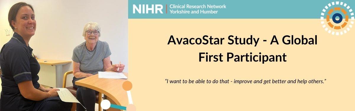 Header describing the first global recruitment to the Avacostar study with research nurse and participant also pictured.